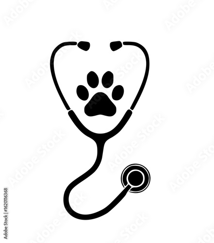 A black illustration of a stethoscope with a paw print in the center
