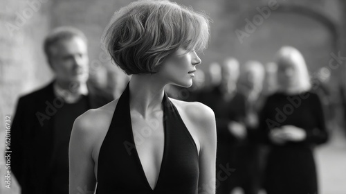 stylish woman with a bob haircut is the focal point in black attire at a formal gathering inside a stone venue
