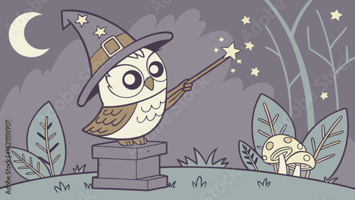 Whimsical owl wizard conjures starlight magic in a mystical forest under a crescent moon