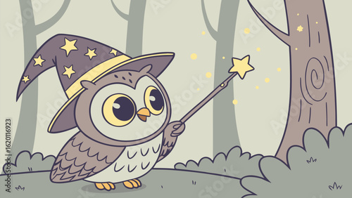 Adorable cartoon owl wizard conjures magic with star wand in enchanted forest