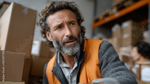 man with a beard and gray hair looks concerned while working in a distribution center filled with stacked boxes and busy colleagues in the background