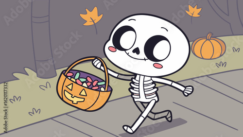 Adorable cartoon skeleton character happily trick or treating with a full pumpkin basket of candy on a spooky autumn evening