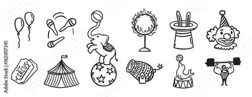 Circus doodle hand drawn icon set. Outline drawing circus line clipart symbol collection
