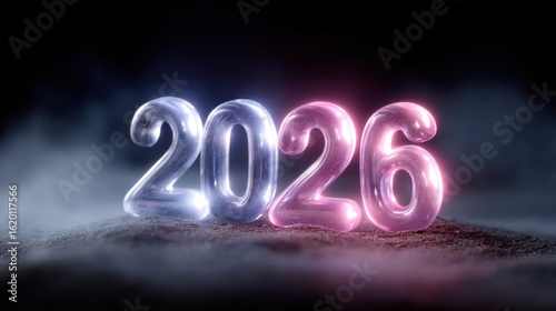 Colorful 3D numbers 2026 stand prominently in a dramatic visual, illuminated by soft lighting and surrounded by a cloud of mist. scene captures the essence of future celebrations
