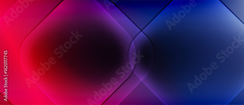 Abstract geometric shapes, vibrant pinks blend into deep blues. Soft glow creates futuristic impression. Lines intersect, forming dynamic composition.