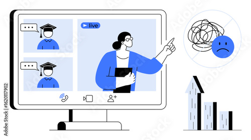 Teacher giving an online class to students in graduation caps, explaining concepts. Sad face icon, tangled lines, and growth chart nearby. Ideal for education, distance learning, communication