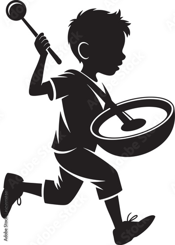 Silhouette of a Boy Playing a Drum with a Drumstick While Running Vector Illustration
