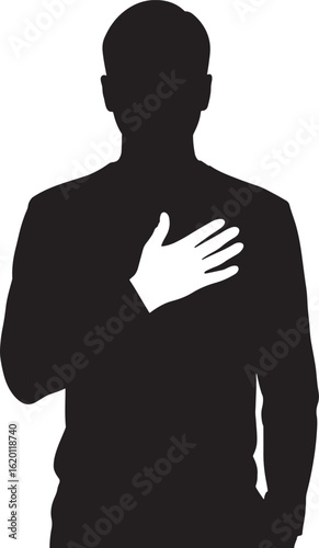 Silhouette of a Man with Hand on Chest on a Transparent Background in a Vector Illustration