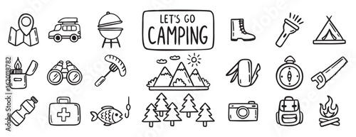 camping equipment doodle hand drawn icon set. Outline drawing camping tourism line clipart symbol collection. Local travel adventure 
