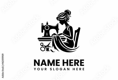 Silhouette of a Seamstress at Work with Sewing Machine and Scissors.