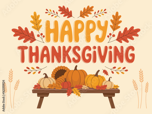 Happy Thanksgiving Day Background – Festive Lettering with Autumn Leaves, Pumpkins, and Seasonal Illustrations for Holiday Cards and Fall Designs

