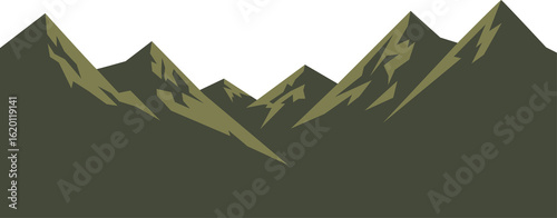 Illustrated mountain range with peaks and valleys. Outdoor adventure and nature landscape concept with jagged terrain.