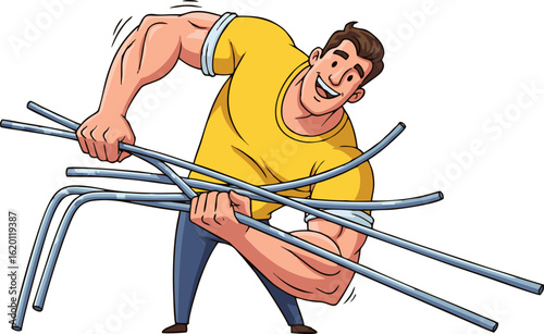 Strong Man Cartoon Bending Metal Pipes with Grin
