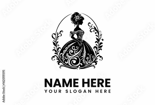 Silhouette of a woman in an ornate gown within a floral circle.