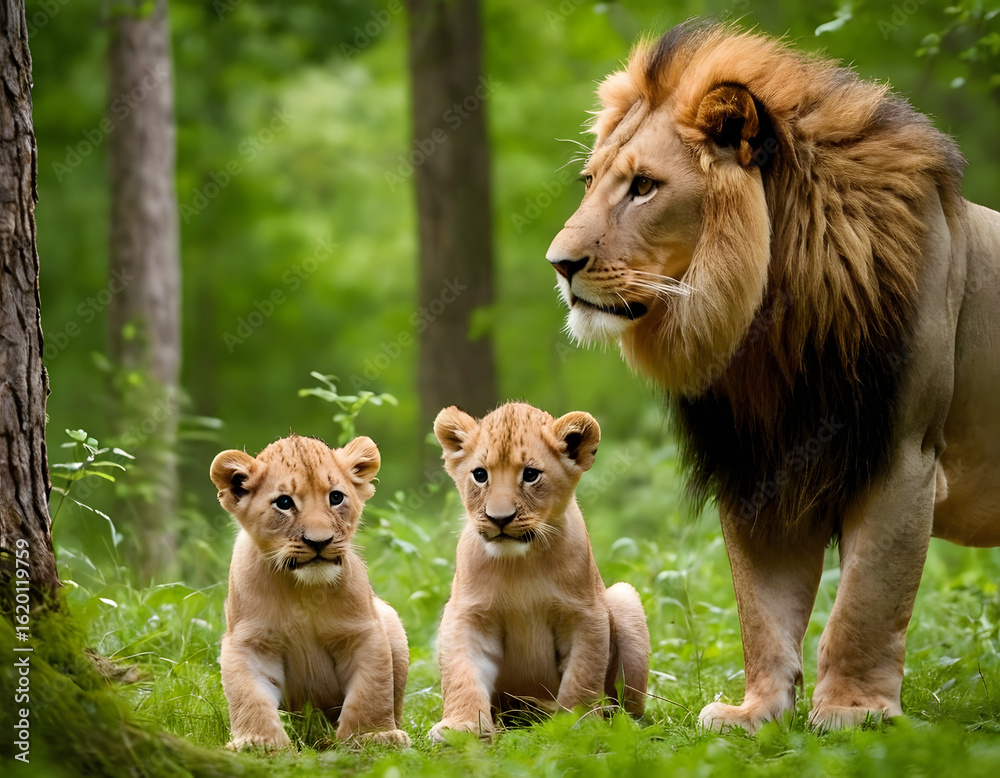 Obraz premium A lioness with her cute babies is nestled between trees in a thick forest during the summer.