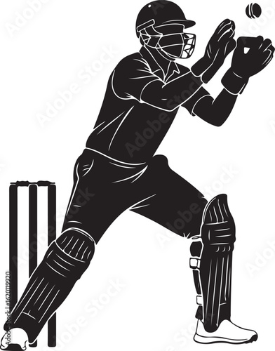 Black and white silhouette of a cricket wicketkeeper catching a ball sport