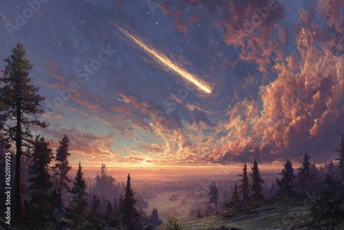 Fototapeta Naklejka Na Ścianę i Meble -  Spectacular meteor entering Earth's atmosphere at dusk above a serene forest landscape with vibrant clouds and falling stars