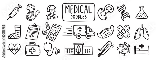 medical health care doodle hand drawn icon set. Outline drawing medical health care items line clipart symbol collection. Outline drawing line clipart symbol collection