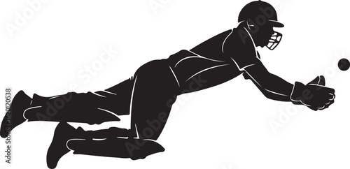 Black silhouette of a cricket player diving to catch a ball catching
