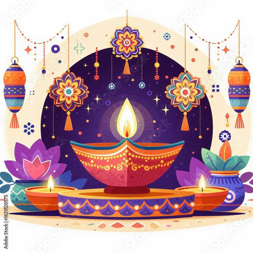 Festive arrangement with lit oil lamps flower decorations and ornamental hangings against a dark purple backdrop