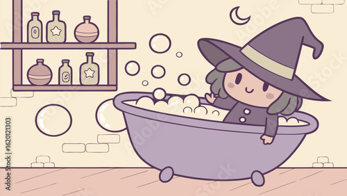 Adorable little witch enjoying a bubbly bath with potions on the shelf and a crescent moon in the sky