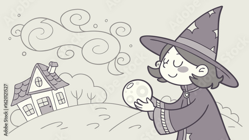 Charming cartoon witch with starry hat holds glowing moon orb in a whimsical landscape with a cozy cottage