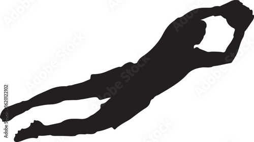 Black silhouette of a soccer goalkeeper diving to catch the ball goalie catching