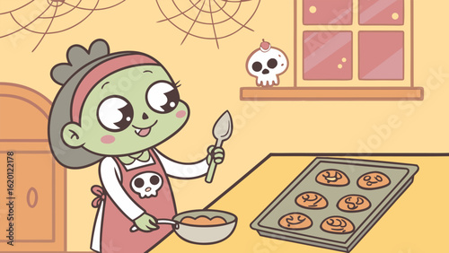 Adorable green zombie girl with a skull apron happily baking cookies in a kitchen decorated for halloween with spiderwebs and a cute skull decoration
