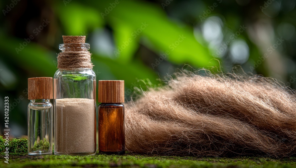 Fototapeta premium Natural remedies in small bottles, nestled on moss, beside a tuft of fiber