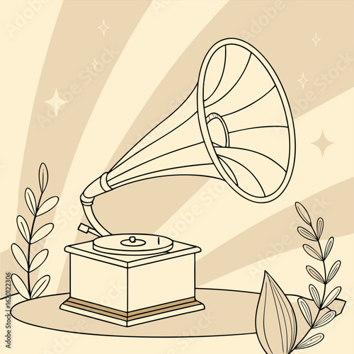 Vintage gramophone turntable music player retro style illustration with decorative plants and abstract background design
