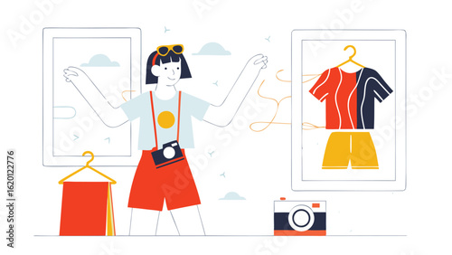 Woman with camera and sunglasses standing near clothes and camera in a room with white walls