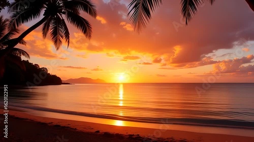 A serene beach at sunset with palm trees silhouetted against the vibrant orange sky and calm water