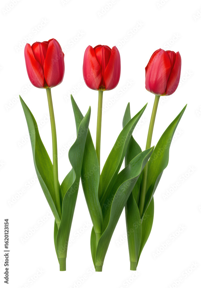 Obraz premium Three vibrant red tulips with tightly closed petals and lush green leaves, standing tall against a perfectly clean, bright white studio background with ample copy space, concept of pristine elegance.
