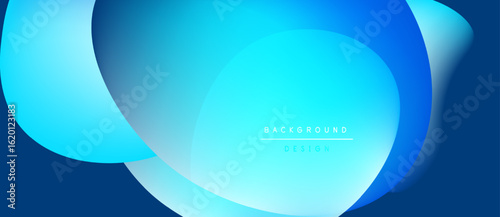 Abstract blue gradients form overlapping shapes. Minimalist design with text indicating background, design elements present. Smooth transitions, modern aesthetic.