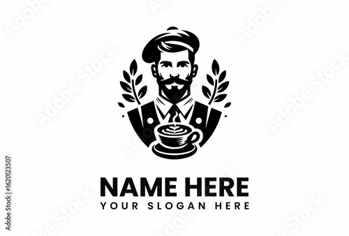 Stylized barista logo with beret suit coffee cup and laurel branches.
