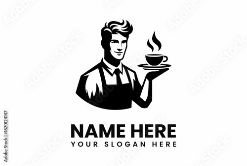 Stylized barista with pompadour serving steaming coffee cup on saucer.