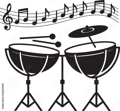 Silhouette of Timpani Drums with Musical Notes on Transparent Background for Composers and Artists