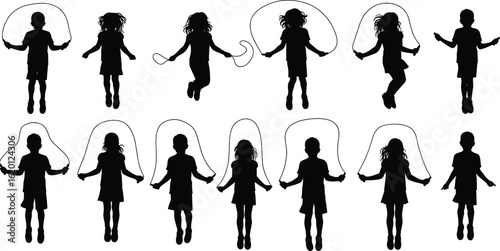 Silhouettes of children skipping rope, group activity, playful kids, jump rope exercise, fun fitness, active lifestyle, outdoor sport, childhood health, silhouette illustration vector