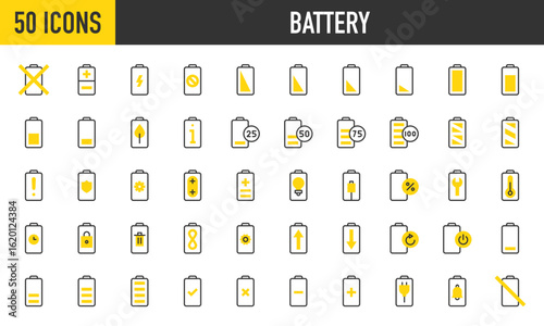 50 Battery icons. such as Low Battery, Half Battery, Full Battery, Battery Level, Remove, Notification, Charge, Check, Cancel, Add, Charging, No Battery, Banned vector stroke illustration.	
