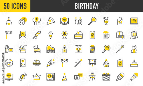 50 Birthday icons. such as Candles, Bag, Gift, Confetti, Candy, Pop Corn, Card, Punch, Pizza, Cake, Monitor, Crown, Turntable, Party Hat, Chat, Barbecue, Gift, Cup vector stroke illustration.	