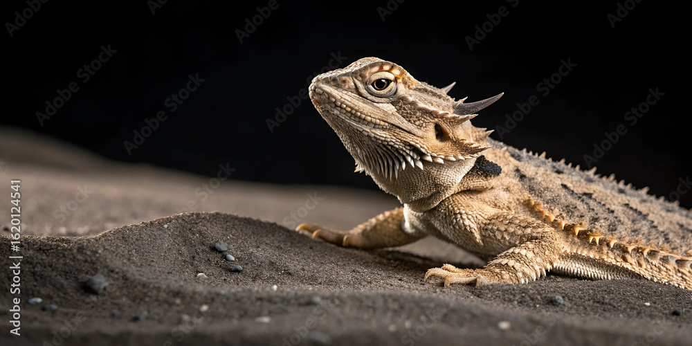 Fototapeta premium Macro studio photo of a horned lizard sprawled on dark sand, every scale, horn, and eye detail visible in crisp sharpness, soft backlight tracing the outline of its body, black background.