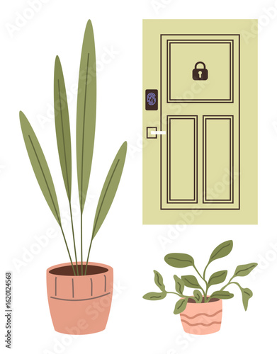 Security-focused door with a digital lock keypad and fingerprint scanner, flanked by vibrant green potted plants. Ideal for security, smart home, modern decor, minimalism, digital innovation, cozy