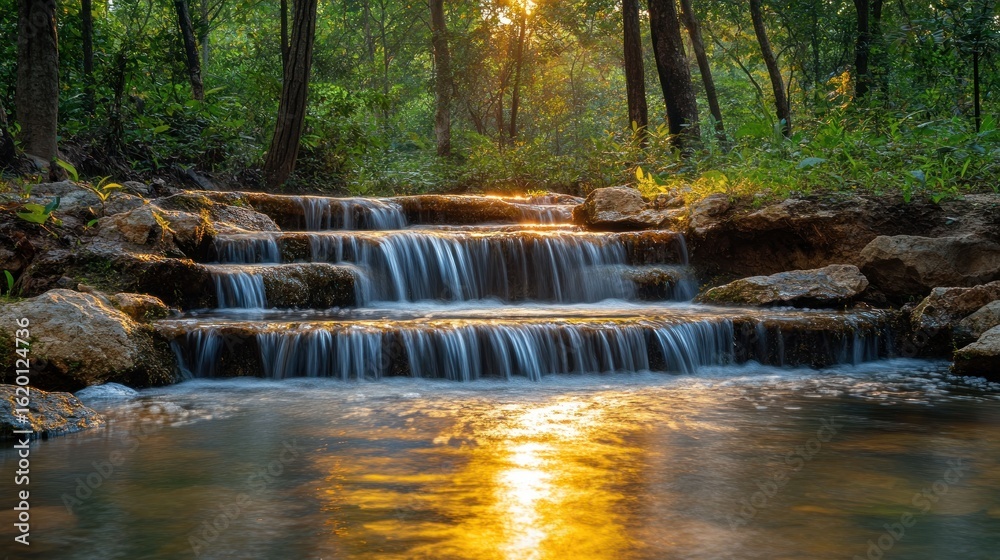 Fototapeta premium Golden waterfall cascading down stone steps in a lush forest