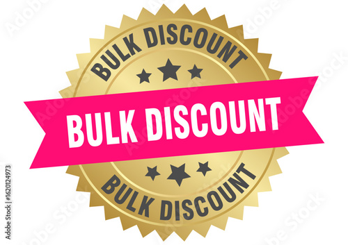 bulk discount. bulk discount round pink and gold label isolated on transparent background