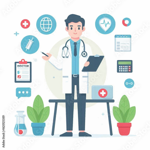 Illustration features a cartoon doctor in a white coat surrounded by medical icons  tools on a light background