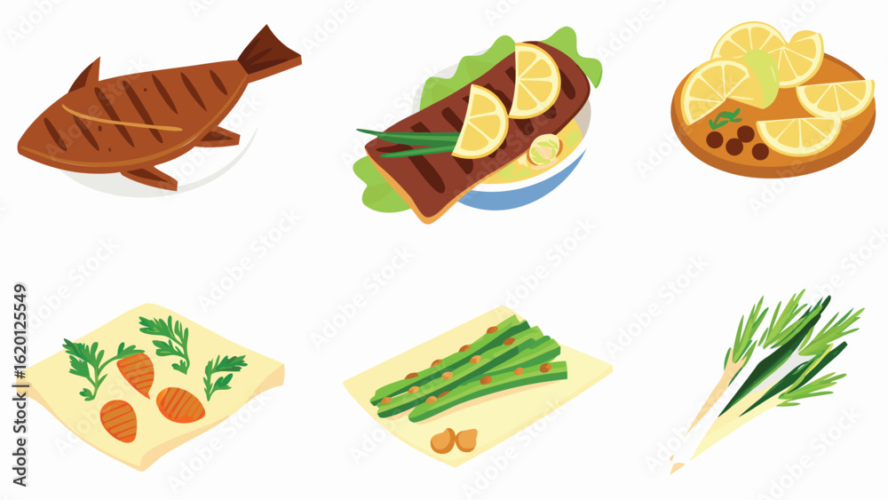 Naklejka premium Illustration showing grilled fish with lemon slices, asparagus, carrots, and green onions on plates and boards