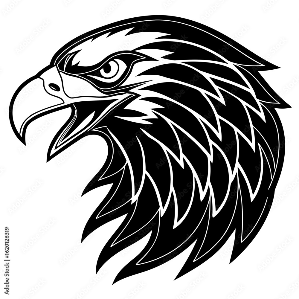 Obraz premium Vector Black White Fierce Eagle Head Illustration - Side Profile Tribal Tattoo Style Sharp Clean Lines Minimalist Bold Contours Aggressive Expression White Background