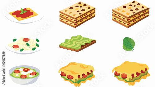 Illustration showing various preparations of lasagna and pasta dishes with different toppings and sauces