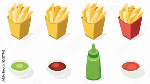 Isometric view of french fries in containers with ketchup, green sauce and mustard bottle on white background