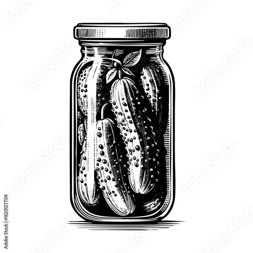 Cucumber pickle in jar engraving black and white outline. Scratch board imitation.